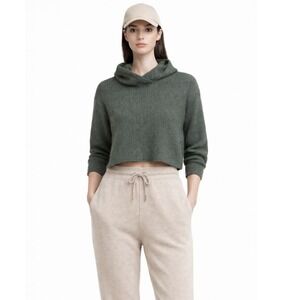 Wesley 100% Cashmere Green‎ Ribbed Crop Hoodie Sweater XS